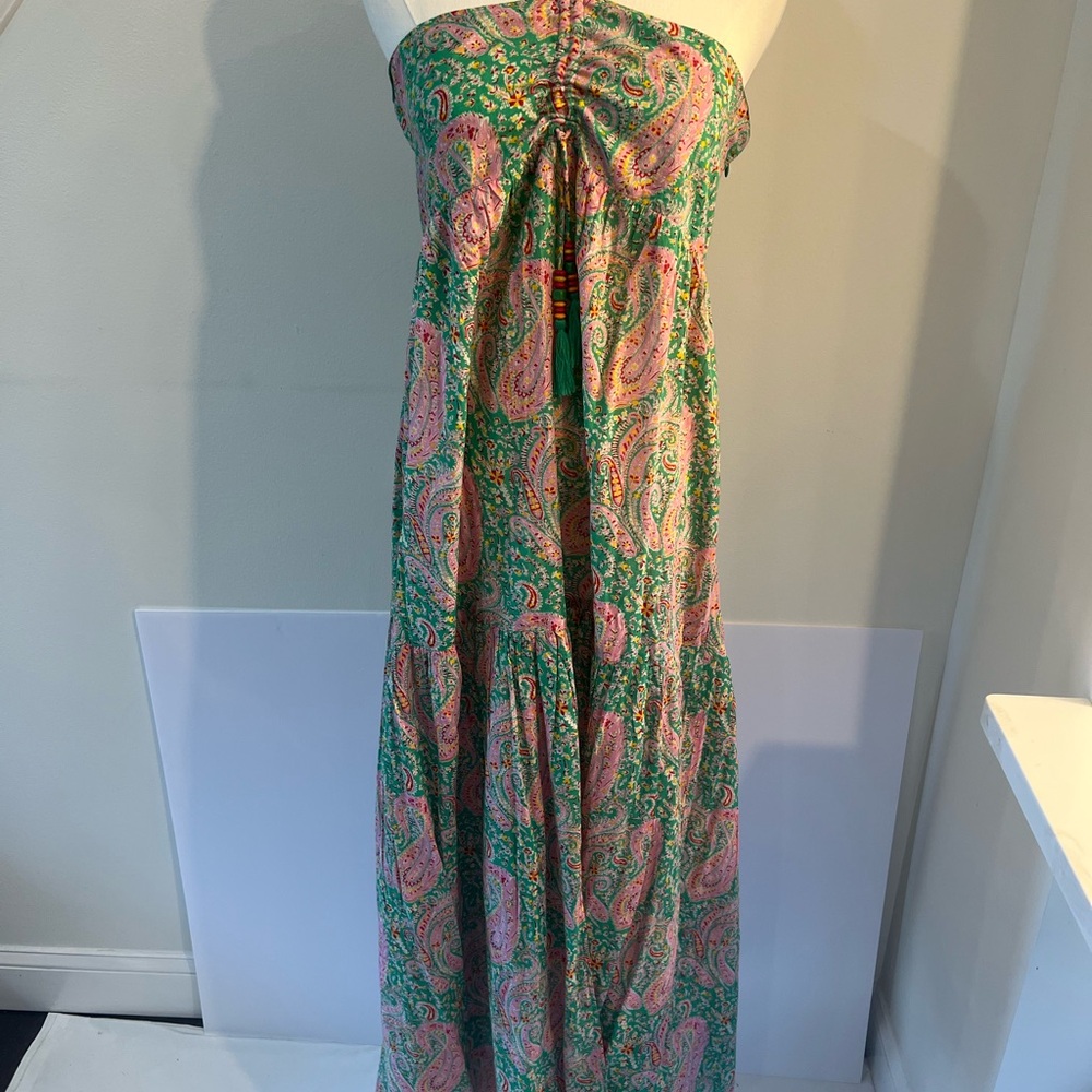 ba&sh Green Paisley Maxi Dress with Pink Details